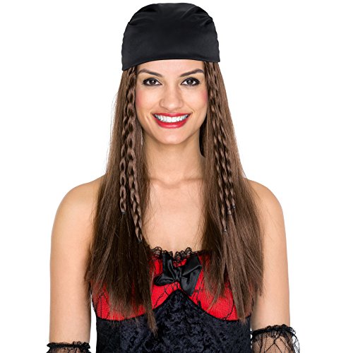 dressforfun Peluca de Novia Pirata para Mujer | Bonitas Rastas Negras y un Pañuelo