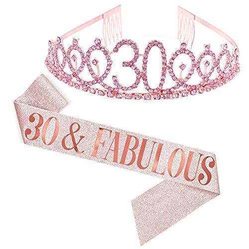 Dsaren 2 Piezas Cristal Cumpleaños Corona Tiara de Cumpleaños Banda para Mujer Niña Fiestas de Feliz Suministros Decoración Accesorios Regalo (30 años)