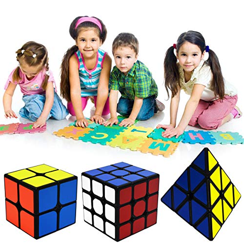 EASEHOME Speed Magic Cubes Set Pyraminx + 2x2x2 + 3x3x3, 3 Pack Puzzle Cubes Rompecabezas Cubo Mágico PVC Pegatina para Niños y Adultos