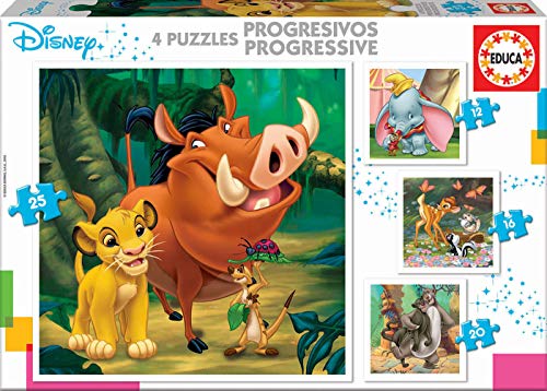 Educa- Disney Animals Dumbo, Bambi, Lion King, El Libro de la Selva Conjunto de Puzzles Progresivos, Multicolor (18104)