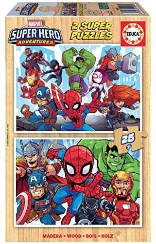 Educa- Marvel Super Heroe Adventures 2 Puzzles Infantiles de Madera ecológica de 25 Piezas, a Partir de 3 años, Multicolor (18599)