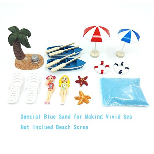 EMiEN 18 piezas playa estilo Kits Set Para DIY figura decorativa en miniatura jardín de hadas decoración para muñecas, azul arena, para las niñas, silla de playa, barco, remos