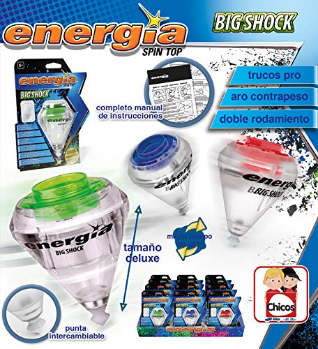 Energía - Big Shock Peonza eléctrica Deluxe con doble rodamiento y punta intercambiable, Color surtido, A partir de 5 años (89003)