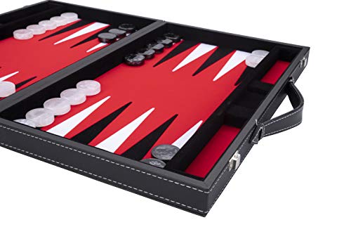 Engelhart - Backgammon de Lujo 38 cm Piel Simili, Incrustaciones Especiales de Fieltro - Dados y fichas nacaradas + 2 Tazas - Pro. y Ocio (Rojo)