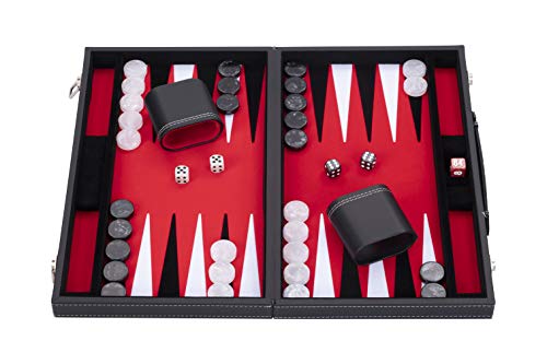 Engelhart - Backgammon de Lujo 38 cm Piel Simili, Incrustaciones Especiales de Fieltro - Dados y fichas nacaradas + 2 Tazas - Pro. y Ocio (Rojo)
