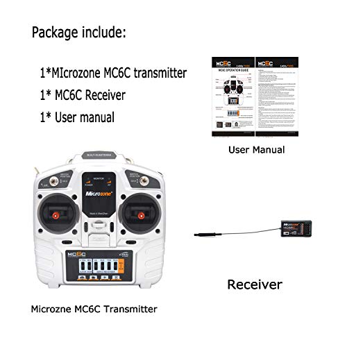 Etrogo Microzone MC6C 2.4GHz Transmisor de Radio de 6 Canales con Receptor de Antena MC6RE para FPV RC Racing Quadcopter Coche Barco Helicóptero Multicóptero Avión de ala Fija (Modo Mano Izquierda)