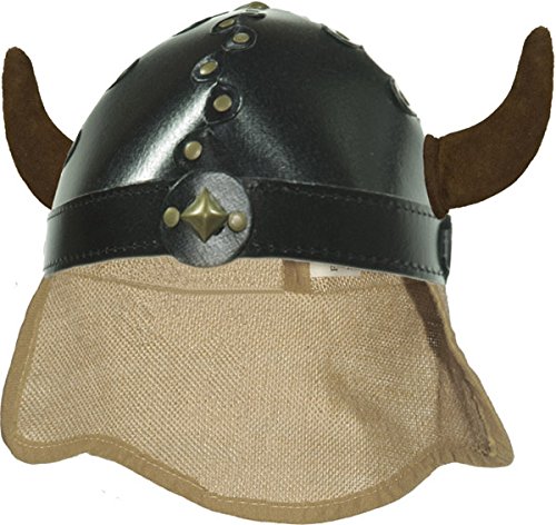 Fantashion K 06 – Casco guerro/casco vikingo con yute, protector para cuello y cuernos, S-L, color negro