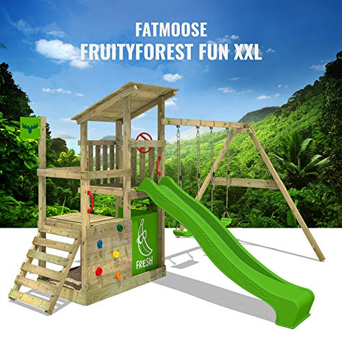 FATMOOSE Parque infantil de madera FruityForest con columpio y tobogán, Torre de escalada de exterior con arenero y escalera para niños