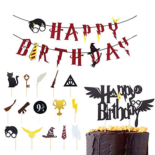 Feliz Cumpleaños Banderas,Suministros de Fiesta de Feliz Cumpleaños,Decoración de Pastel de Mago,Decoración de Pastel de Harry Potter,para Fiestas de Cumpleaños, Celebraciones de Magos