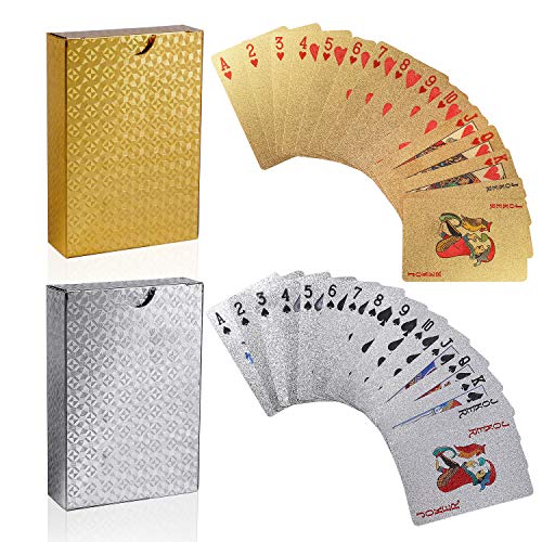 FT-SHOP Poker Cartas 2 Juegos Impermeable Juego de Mesa de Naipes de Plástico Resistente a Las lágrimas Oro, Plata