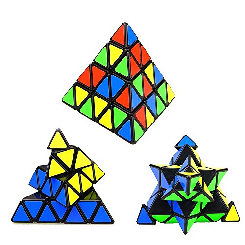 FunnyGoo ShengShou 4x4 pirámide pirámide triángulo mágico Cubo Velocidad Rompecabezas Cubo de Color Negro con One Cube Stand