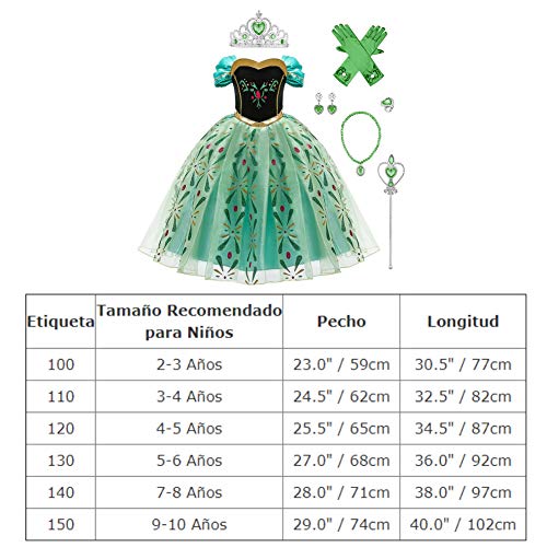 FYMNSI Disfraz Anna Niña Princesa Reinas de Nieve 2 Cosplay Carnaval Vestido con Accesorios Disfraces de Fiesta Ceremonia Navidad Fancy Dress up Costume para Chicas Verde + Accesorios 5-6 años