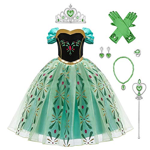 FYMNSI Disfraz Anna Niña Princesa Reinas de Nieve 2 Cosplay Carnaval Vestido con Accesorios Disfraces de Fiesta Ceremonia Navidad Fancy Dress up Costume para Chicas Verde + Accesorios 5-6 años