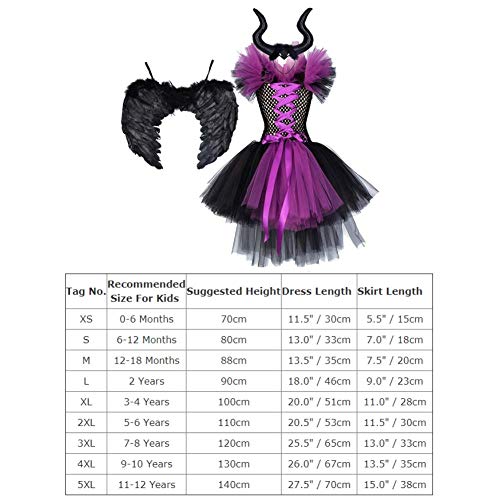FYMNSI Disfraz de Niña Maléfica Reina Malvada Maleficent Halloween Costume Tutu Vestido de Bruja con Diadema de Cuernos Alas de Angel Conjunto Carnaval Fiesta de Cosplay Disfraces 7-8 Años