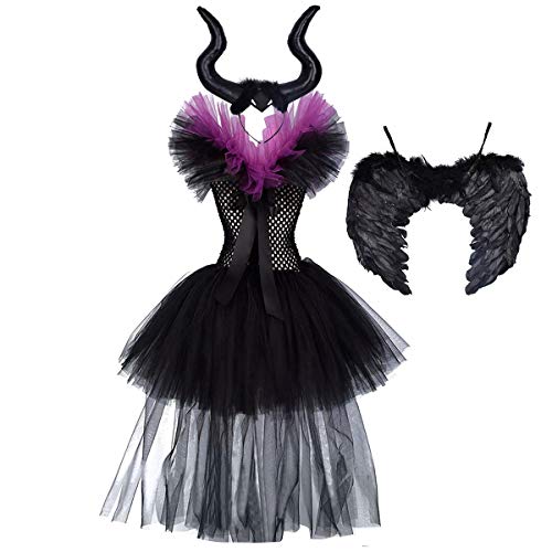 FYMNSI Disfraz de Niña Maléfica Reina Malvada Maleficent Halloween Costume Tutu Vestido de Bruja con Diadema de Cuernos Alas de Angel Conjunto Carnaval Fiesta de Cosplay Disfraces 5-6 Años