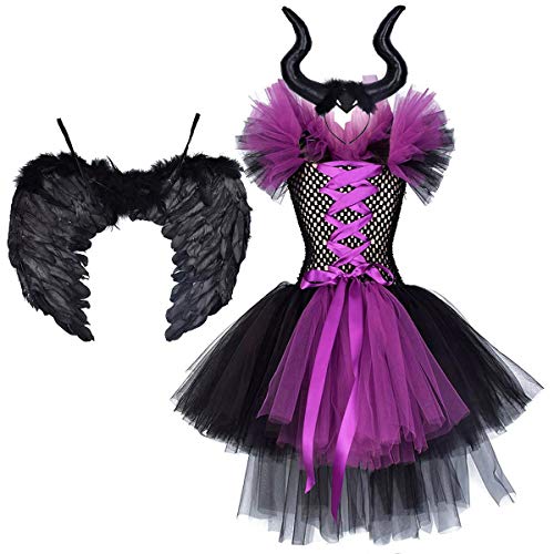 FYMNSI Disfraz de Niña Maléfica Reina Malvada Maleficent Halloween Costume Tutu Vestido de Bruja con Diadema de Cuernos Alas de Angel Conjunto Carnaval Fiesta de Cosplay Disfraces 5-6 Años