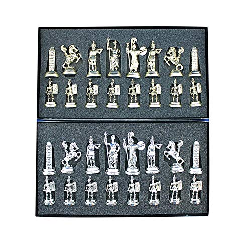 GiftHome Historical Roman Figures - Juego de ajedrez de metal para adultos, hechas a mano y tablero de ajedrez de madera con patrón de nácar King 2.8