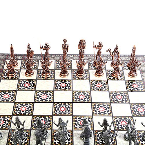 GiftHome Juego de ajedrez de metal de cobre antiguo faraón de Antiguo Egipto para adultos, piezas hechas a mano y diseño de mosaico, tablero de ajedrez de madera King 3.4 inc