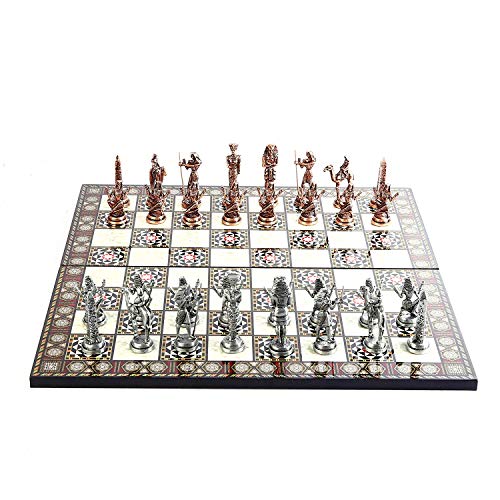 GiftHome Juego de ajedrez de metal de cobre antiguo faraón de Antiguo Egipto para adultos, piezas hechas a mano y diseño de mosaico, tablero de ajedrez de madera King 3.4 inc