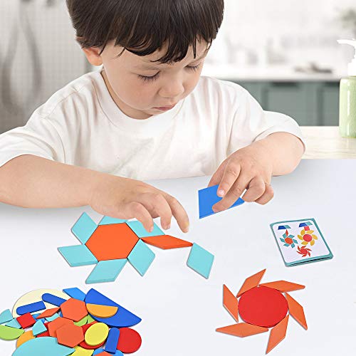 GOLDGE 160pz Tangram Puzzle para Bloques de Patrones de Madera Animales Puzzles Juegos, Tangram Madera para Set Rompecabezas de Formas Geométricas Tarjetas de Diseño para Niños