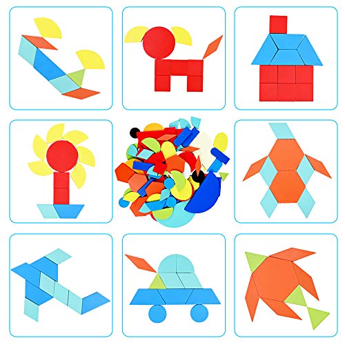 GOLDGE 160pz Tangram Puzzle para Bloques de Patrones de Madera Animales Puzzles Juegos, Tangram Madera para Set Rompecabezas de Formas Geométricas Tarjetas de Diseño para Niños