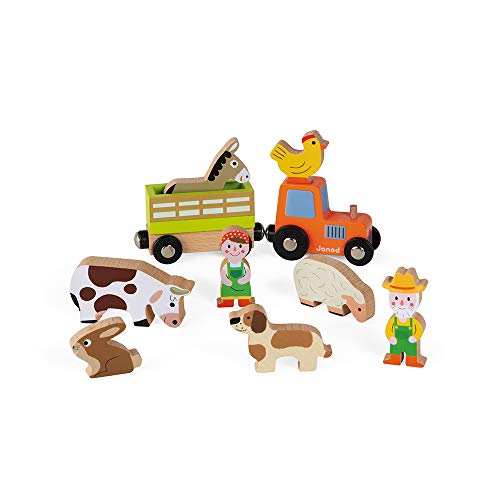 Granja de Animales Story - 10 figuritas de Madera - Juguete de imaginación - Animales de Granja con Personajes y vehículos - Compatible con los raíles existentes en el Mercado - A Partir de 3 años