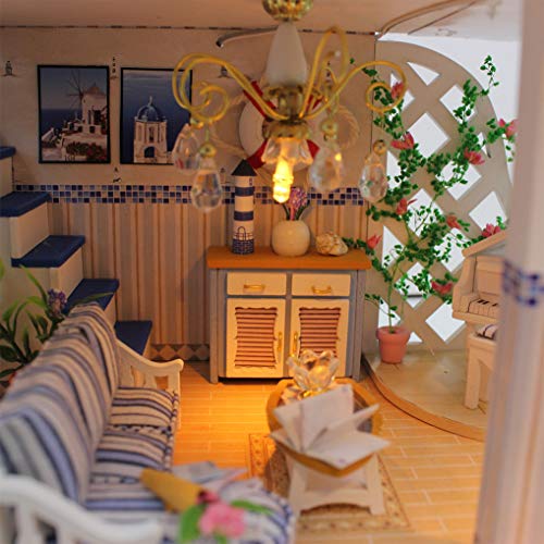 GuDoQi Casa de Muñecas de Madera DIY, Miniatura de la Casa de Muñecas con Muebles y Música, Modelo de Mini Apartamento Hecho a Mano, Blue Sea Legend