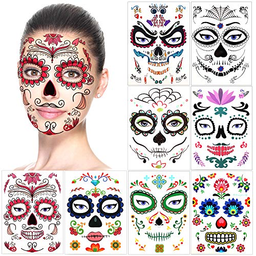 halloween tatuajes temporales de cara (8 hojas), halloween mascarada Día de los Muertos esqueleto cráneo cara completa tatuajes de maquillaje para mujeres Hombres adultos Niños Halloween Prop cosplay