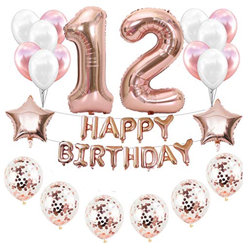 Haosell 12 - Juego de decoración de cumpleaños para niña, color oro rosa, 12 años, 12 unidades, color oro rosa