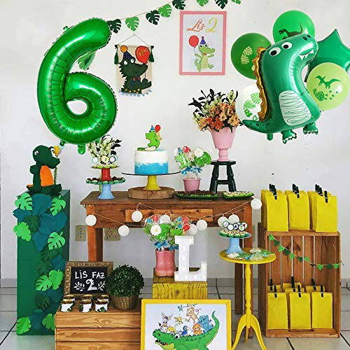 Haosell Globo de dinosaurios grandes 6 años, decoración para cumpleaños infantil, diseño de dinosaurios verdes – 1 globo XXL Dino + número 6 globos + 1 globo de estrella + 4 globos de dinosaurios