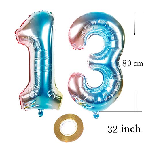 Haosell Juego de globos para fiesta con el número 13 arcoíris y oro rosa, globos de helio número 13 para cumpleaños, decoración XL de 32 pulgadas, globos para decoración de cumpleaños