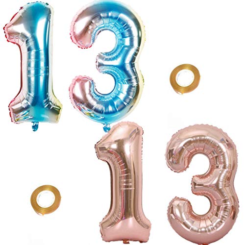 Haosell Juego de globos para fiesta con el número 13 arcoíris y oro rosa, globos de helio número 13 para cumpleaños, decoración XL de 32 pulgadas, globos para decoración de cumpleaños