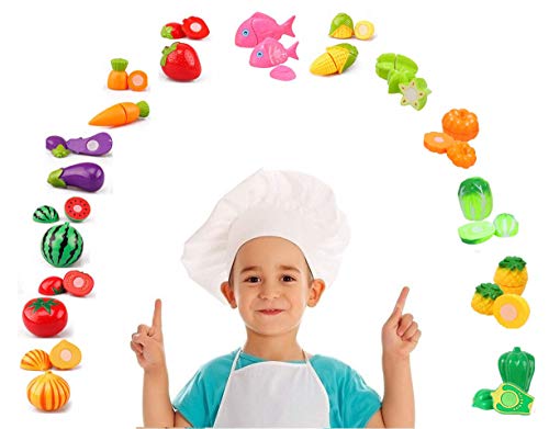 Harxin Alimentos de Juguete 28 Piezas Cortar Frutas Verduras Temprano Desarrollo Educación Bebé Niños Traje de Chef Juegos para Cocinar (Juguetes Cocina)