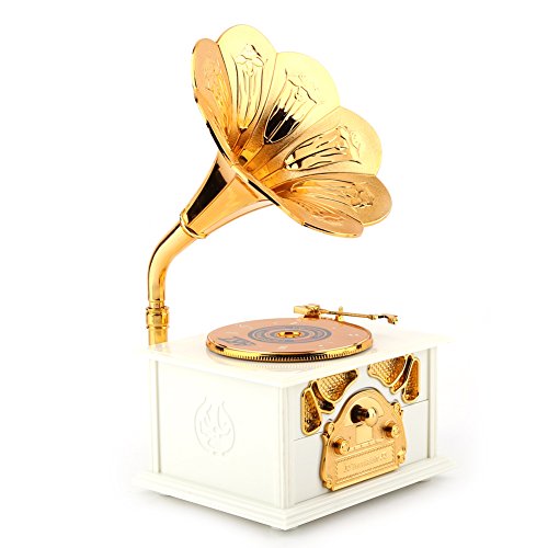 Hilitand Caja de Música, Forma de fonógrafo Retro Caja de Música Regalo Clásico Trompeta de Oro Cuerno Artes Creativas(Blanco)