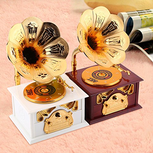 Hilitand Caja de Música, Forma de fonógrafo Retro Caja de Música Regalo Clásico Trompeta de Oro Cuerno Artes Creativas(Blanco)