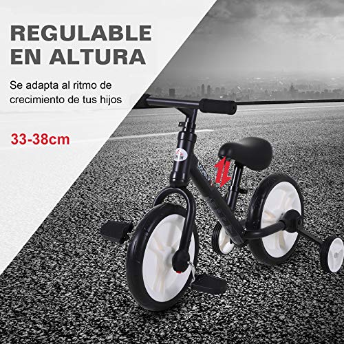HOMCOM Bicicleta de Equilibrio con Pedales y Ruedas Entrenamiento Extraíbles de Asiento Regulable 33-38cm Niños +24 Meses Carga 25kg Negro