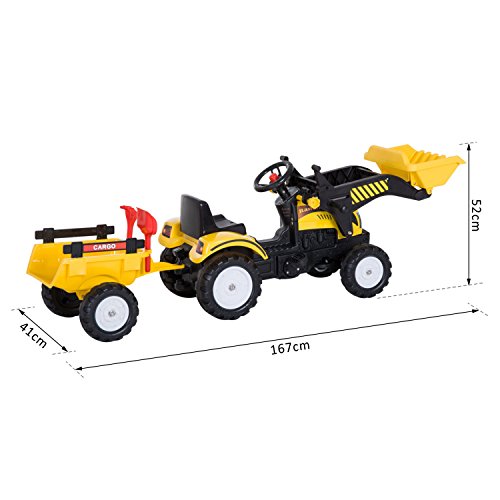 HOMCOM Tractor Pedales Excavadora Infantil Juguete de Montar con Cargador Frontal con Tráiler para Niños 3-6 Años Carga 35 kg 167×41×52cm