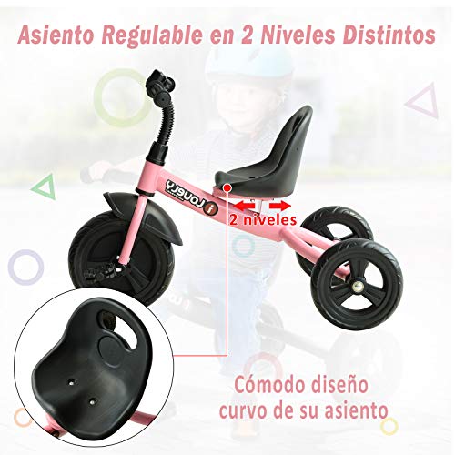 HOMCOM Triciclo para Niños más de 18 Meses con Timbre Guardabarros Rueda de Seguridad 74x49x55cm Rosa