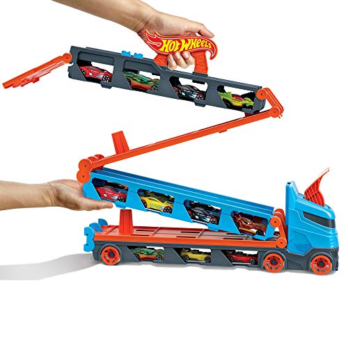 Hot Wheels Camión de transporte convertible en pista para coches de juguete, almacena 20 vehículos, incluye 3 die-casts (Mattel GVG37)