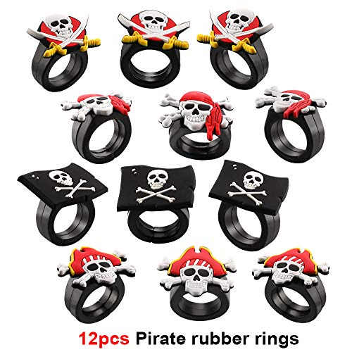 HOWAF 12 Pirate Llaveros, 12 Pirata Anillos de Silicona, 4 Hojas Pirata Tatuajes temporales para Niños Infantiles Cumpleaños Rellenar piñatas y Bolsas de Regalo de Fiestas de cumpleaños Infantiles