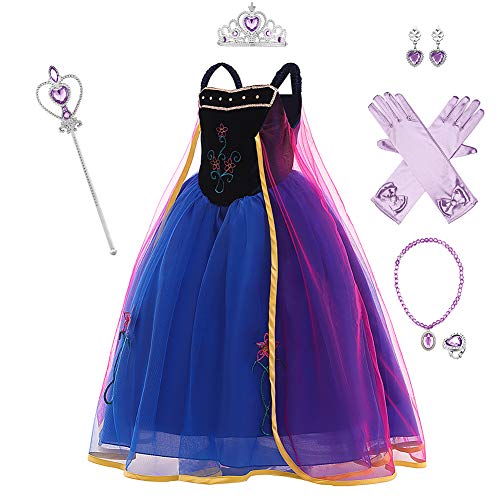 IBAKOM Disfraz de Anna Niña Vestido Princesa Reina de la Nieve Cosplay Carnaval Halloween Fiesta Navidad Cumpleaños Festival Ceremonia Ropa Accesorios Azul (con Accesorios) 5-6 años