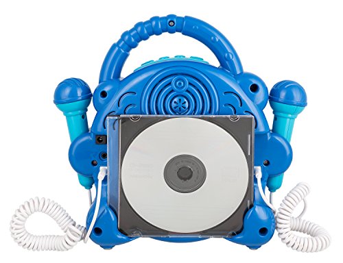 Idena 40284 Sing Along - Reproductor de CD portátil para niños, Funciona con Pilas, Pantalla LED, antichoque y Dos micrófonos para Karaoke, Color Azul Claro