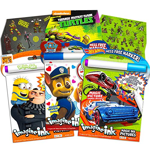Imagine Ink Coloring Book Bundle Including 3 No Mess Magic Ink Activity Books Featuring Hot Wheels, Paw Patrol, and Despicable Me Minions with 600 Blaze and TMNT Stickers