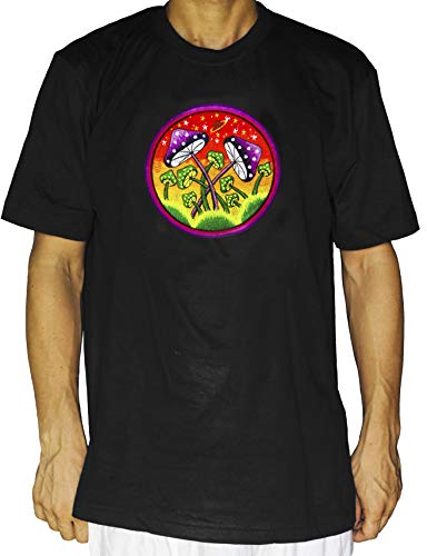 ImZauberwald Magic Mushroom – Camiseta con luz ultravioleta activa – Parte trasera con flor de la vida Psychedelic Goa Trance Party seta mágica con bordado a mano Planeta de setas mágicas. S