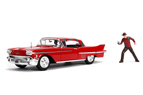 Jada - Figuras de Coleccionismo de Pesadilla en Elm Street, con Coche Cadillac Series 62 1958 y Figuras de Freddy Krueger y Nancy Thompson, Escala 1:24