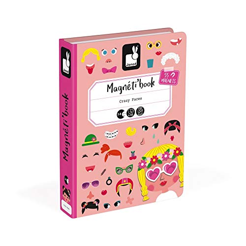 Janod - J02717 - Magneti'Book Crazy Faces (Libro magnético de caras locas) para chicas, juego magnético educativo con 55 piezas para niñas a partir de 3 años