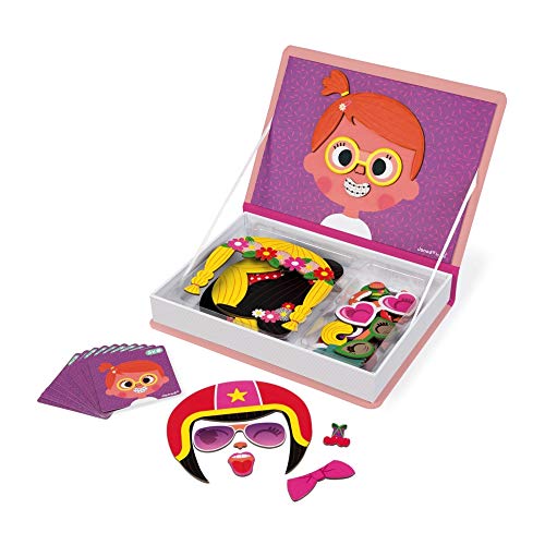 Janod - J02717 - Magneti'Book Crazy Faces (Libro magnético de caras locas) para chicas, juego magnético educativo con 55 piezas para niñas a partir de 3 años