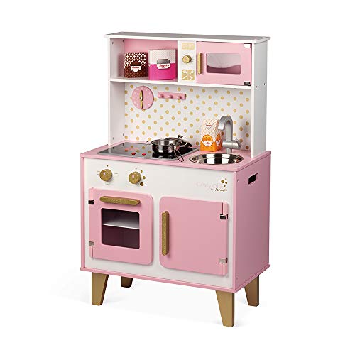 Janod - J06554 - Cocina Candy Chic de madera con nevera y microondas, 6 accesorios incluidos, sonido y luz, color rosa y blanco; juego de simulación para niños a partir de 3 años