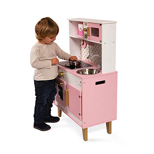 Janod - J06554 - Cocina Candy Chic de madera con nevera y microondas, 6 accesorios incluidos, sonido y luz, color rosa y blanco; juego de simulación para niños a partir de 3 años