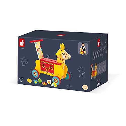 Janod - J08004 - Carrito de madera con diseño de llama, color amarillo y rojo, ruedas silenciosas, compartimento de almacenamiento y 6 bloques, aprendizaje del equilibrio para niños a partir de 1 año